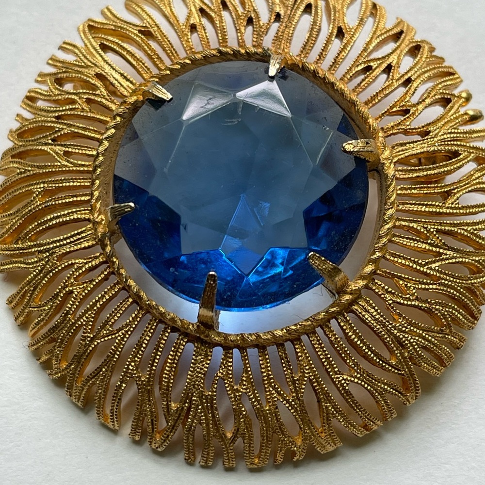 Blue Glass Sunburst Goldtone Brooch